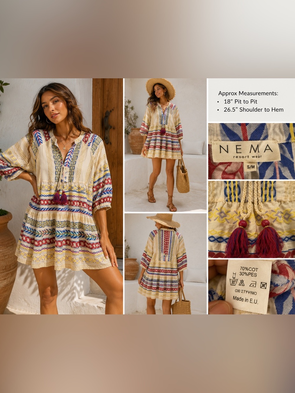 NEMA Resort Wear Boho Embroidered Tunic Dress Women’s S/M Greek With Tassel